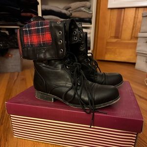 Lace up combat boots with red plaid inside, size 6.5, brand is bamboo